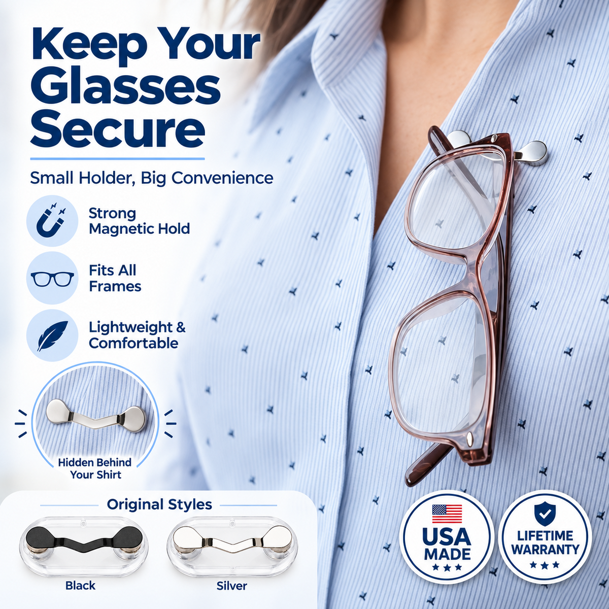💥Buy 2 get 1 free 🔥Magnetic Eyeglass Holder Stainless Steel Glasses Clip for Shirts & Pockets