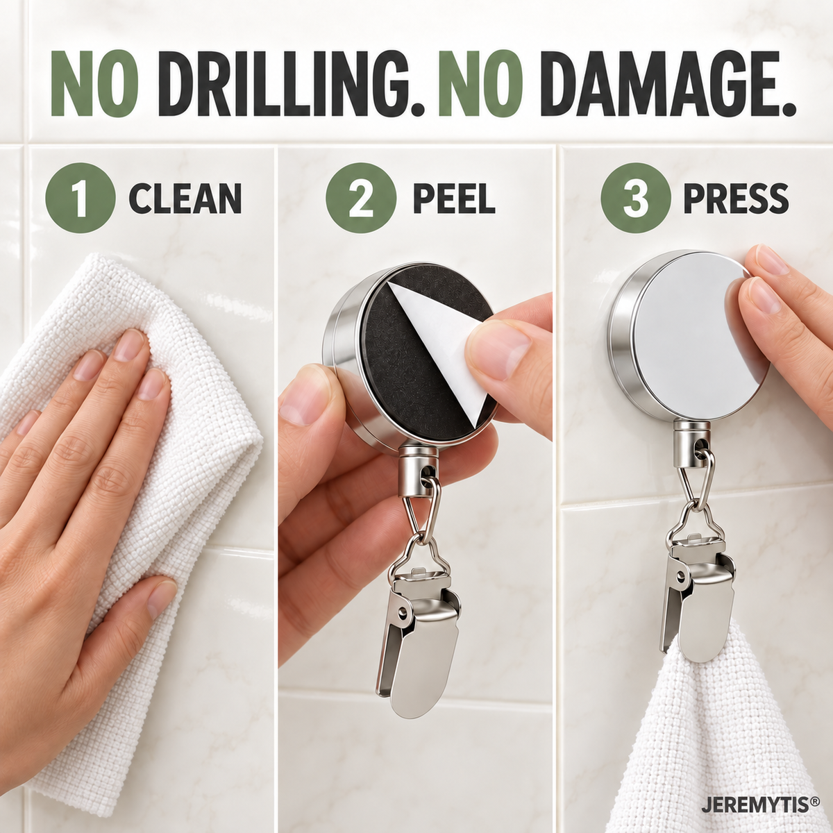 No-Drill Retractable Towel Holder Clips — Self-Adhesive, Space-Saving