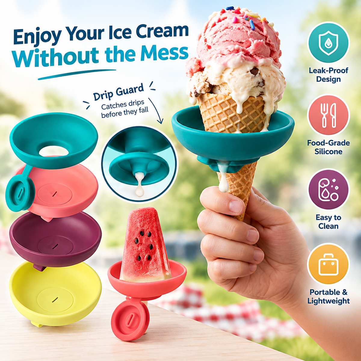 silicone ice cream stand set - leak-proof cone stand with anti-drip cover